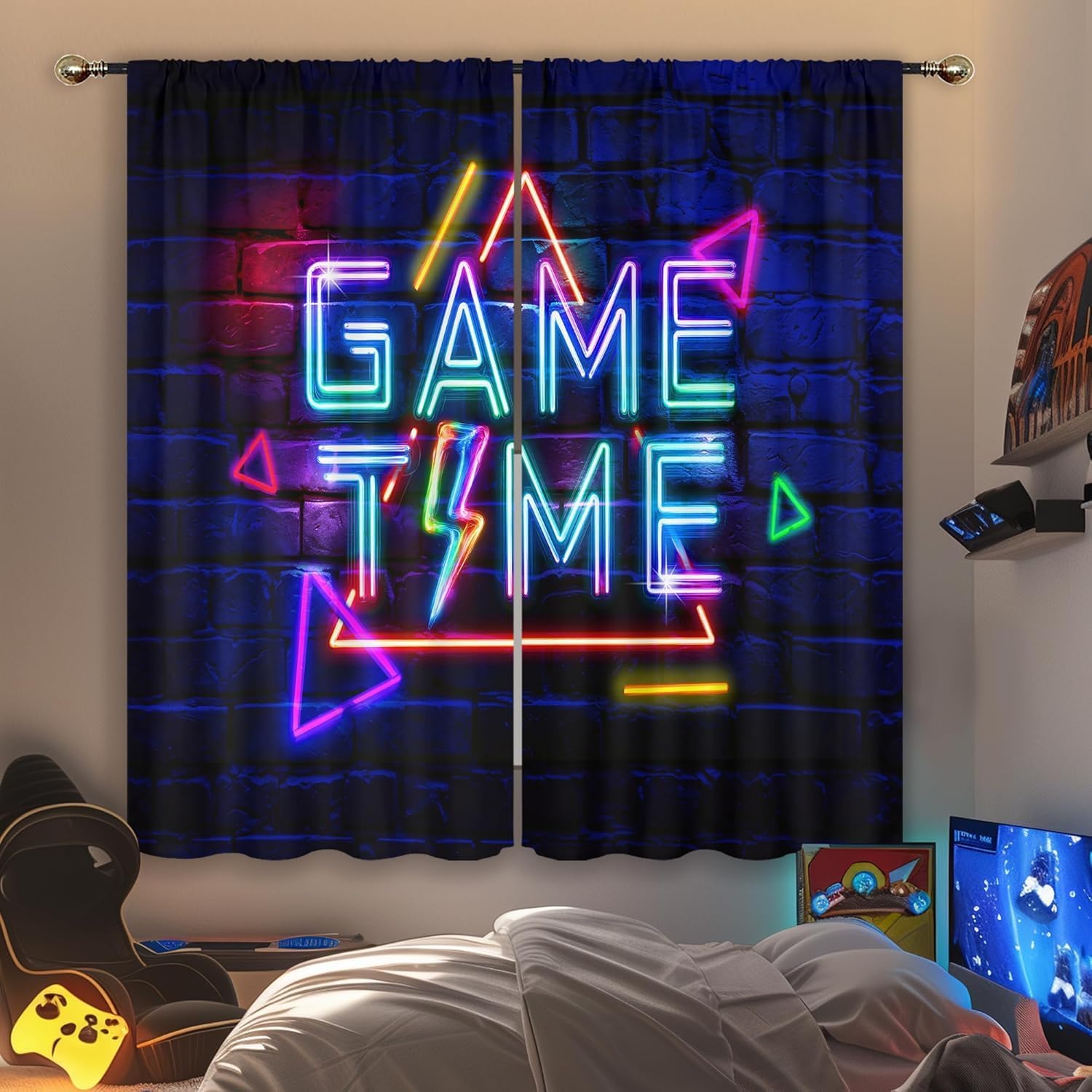 Home Decor Youtube Videos - ม่านเกมมิ่งนีออนสำหรับห้องนอนเด็กผู้ชาย ลายวิดีโอเกม พร้อมรางม่านแบบรูร้อย 2 ชิ้น สำหรับตกแต่งห้องเล่น