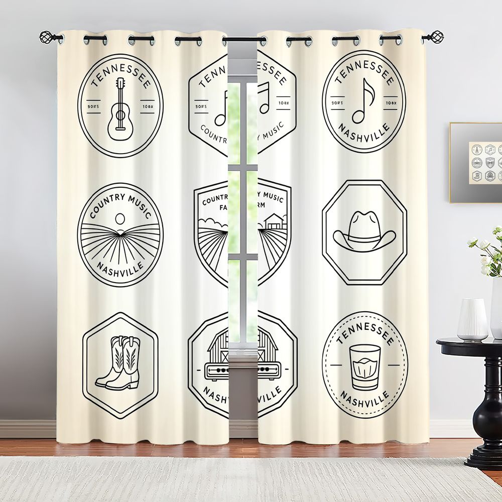 Home Decor Curtains - ผ้าม่านธีมเพลงคันทรีเทนเนสซี, ผ้าม่านพิมพ์ลายเส้นขาวดำสไตล์แนชวิลล์, ผ้าม่านตกแต่งสไตล์โมเดิร์น