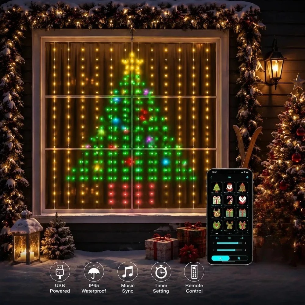 Home Decor Curtains - ไฟม่าน LED พิกเซล ควบคุมผ่านแอปพลิเคชันบลูทูธ ไฟสาย RGB
