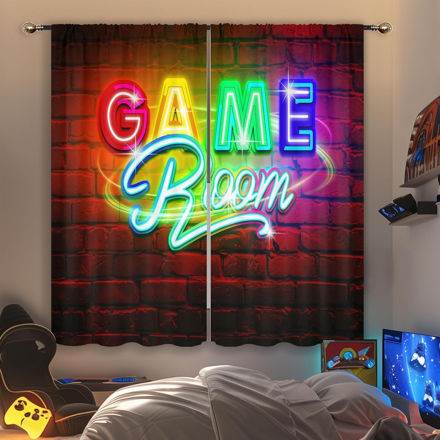 Home Decor Youtube Videos - ผ้าม่านเกมมิ่งลายนีออน พร้อมรางแขวน ลายวิดีโอเกม สำหรับตกแต่งห้องนอนเด็กผู้ชาย ห้องนั่งเล่น หรือห้องเกม