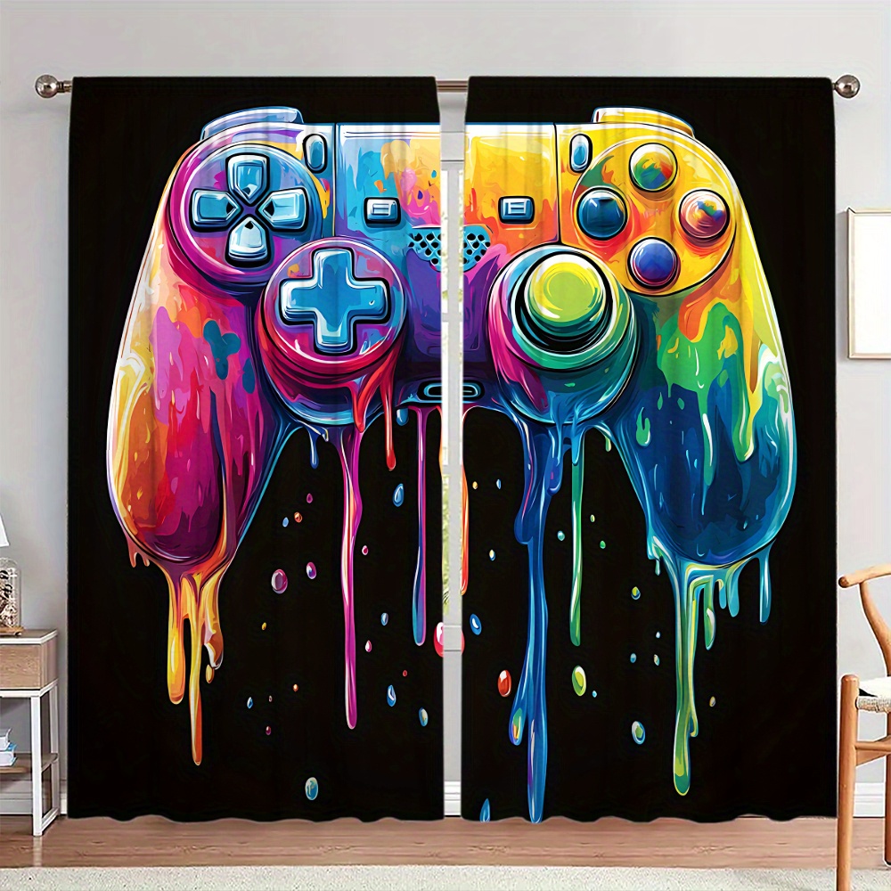 Home Decor Youtube Videos - ผ้าม่านลายเกมย้อนยุค ผ้าม่านป๊อปอาร์ต พื้นหลังสีดำ ตกแต่งห้องแนวเนิร์ด วัฒนธรรมป๊อป ผ้าม่านลายวิดีโอเกมแบบนามธรรม