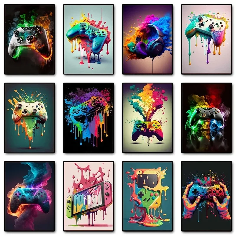 Geometric Wall Art - ภาพพิมพ์บนผ้าใบลายคอนโทรลเลอร์เกมส์สไตล์ป๊อปอาร์ตสีสันสดใส ภาพศิลปะติดผนังแบบมินิมอลสำหรับตกแต่งห้องนอนและบ้านสไตล์โมเดิร์น