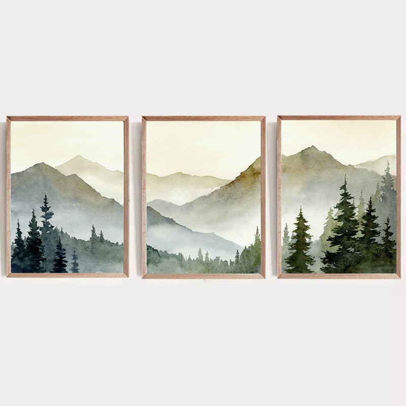 Geometric Wall Art - โปสเตอร์สีน้ำภูเขาสีเขียวยามพระอาทิตย์ตก ภาพวาดต้นสนในป่า ทิวทัศน์ชนบทบนผืนผ้าใบ ตกแต่งผนังห้องนั่งเล่นและบ้าน