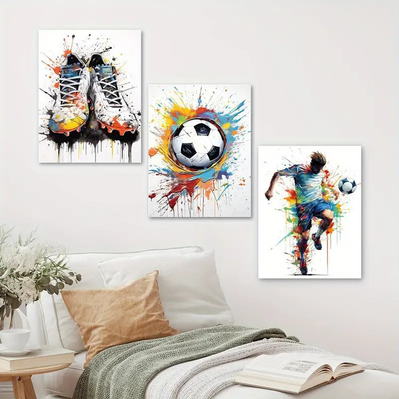 Geometric Wall Art - โปสเตอร์ศิลปะบนผืนผ้าใบ ภาพวาดกราฟฟิตี้ฟุตบอลสมัยใหม่ ตกแต่งผนังสำหรับห้องนอนเด็กชาย ห้องนั่งเล่น ห้องเด็กเล่น ตกแต่งบ้าน