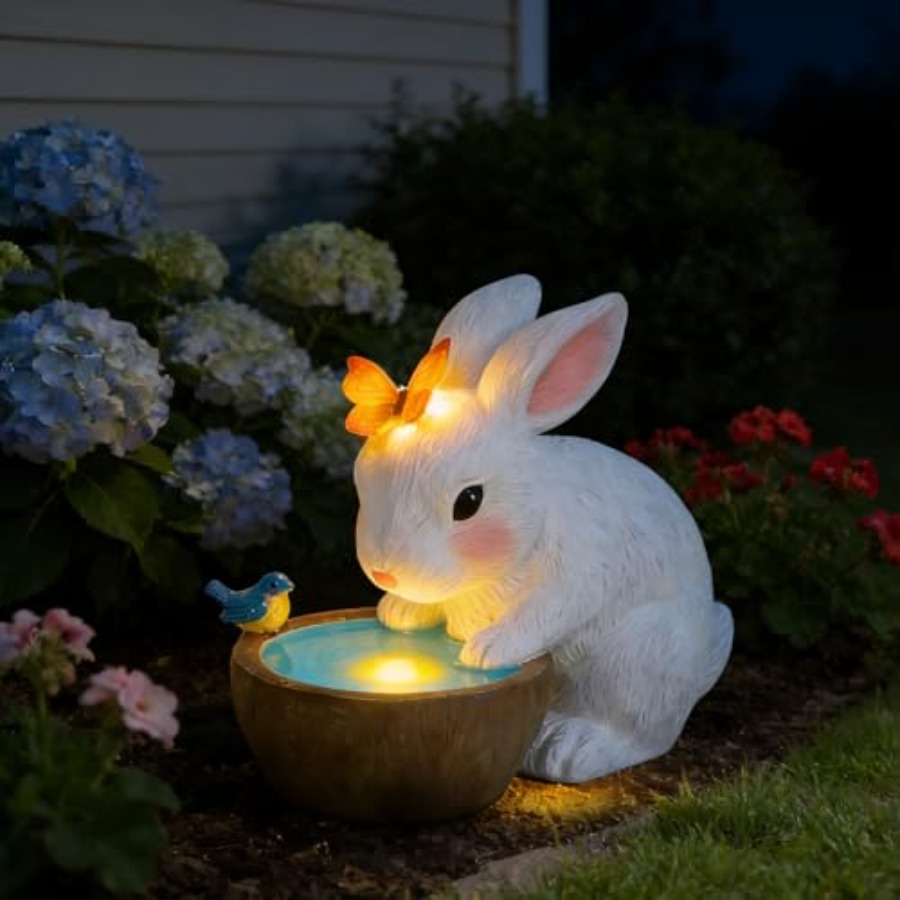 Home Decor Outdoor - รูปปั้นกระต่ายพลังงานแสงอาทิตย์สำหรับตกแต่งสวน - ของขวัญวันเกิดสำหรับคุณแม่ กระต่ายพร้อมผีเสื้อและไฟ LED ของตกแต่งสวนสำหรับบ้าน