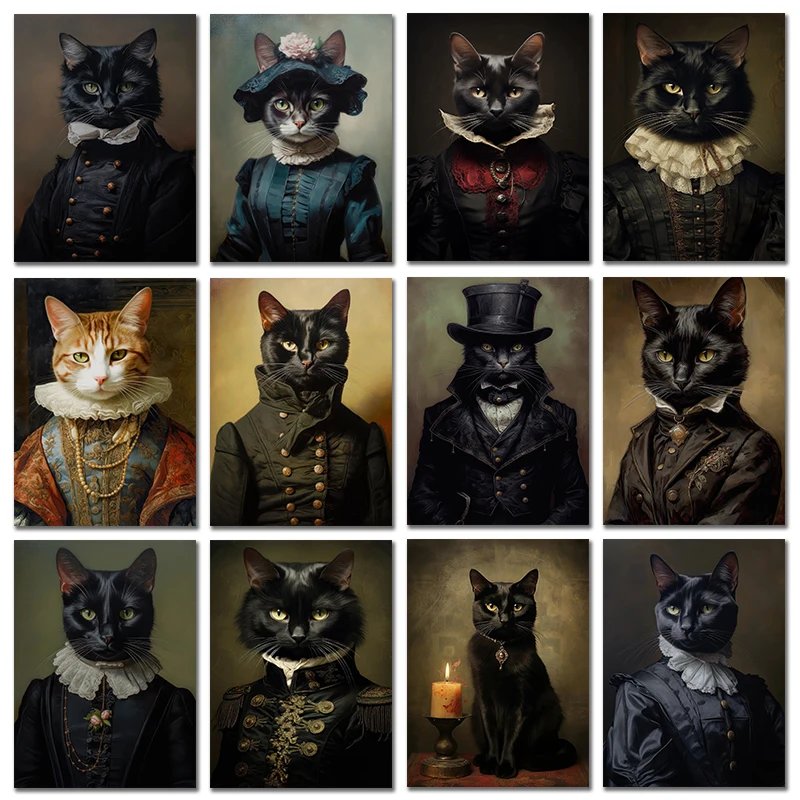 Home Decor Gothic - วินเทจเรเนซองส์ภาพเหมือนแมว แมวดำ วิคตอเรียน โกธิคโปสเตอร์ภาพวาดบนผ้าใบศิลปะติดผนังสำหรับห้องนั่งเล่นตกแต่งบ้านกรอบรูป