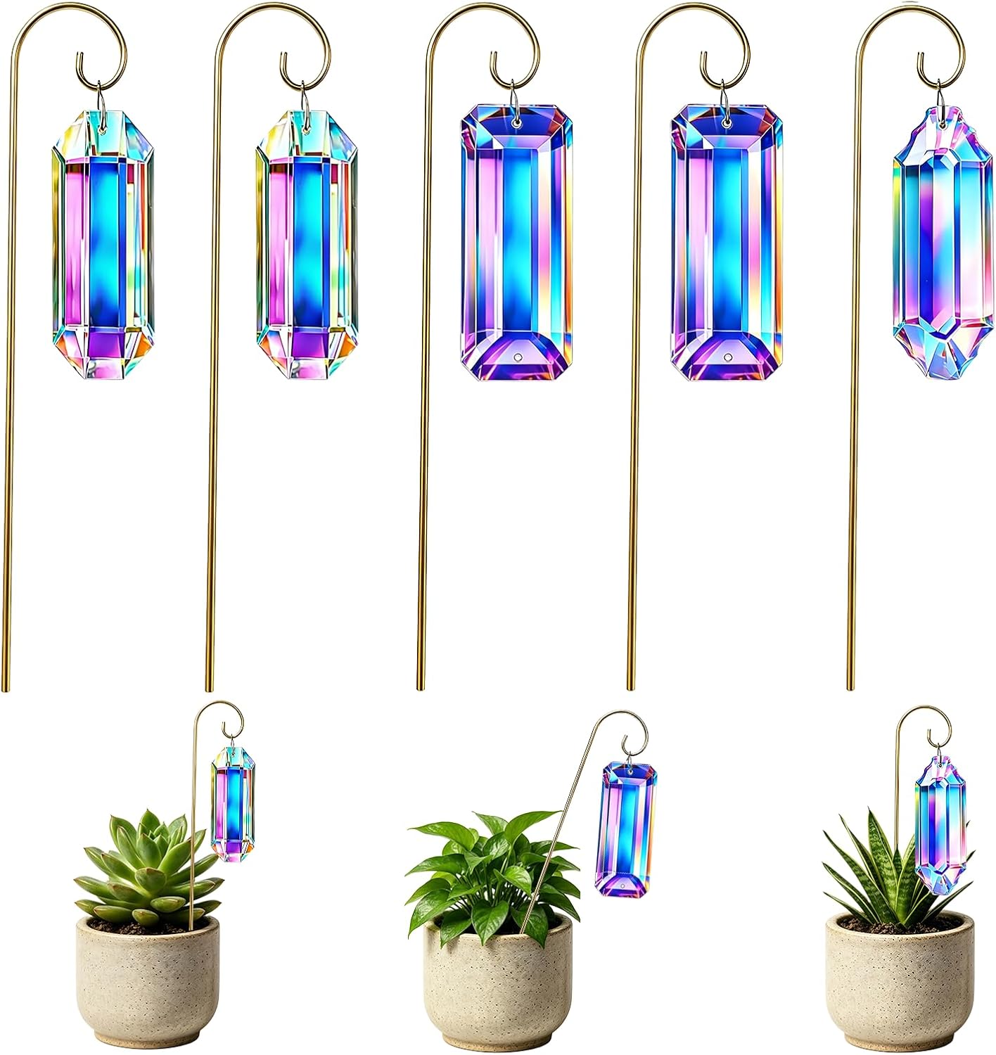 Crystal Sun Catcher - แท่งคริสตัลตกแต่งต้นไม้ 5 ชิ้น สีทอง AB ปริซึมหลากสี