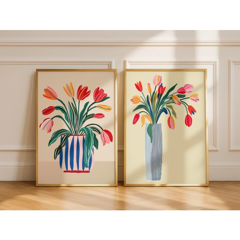 Home Decor Kolkata - ภาพพิมพ์ดอกทิวลิปบนผ้าใบ 2 ชิ้น งานศิลปะดอกไม้สมัยใหม่แบบไม่มีกรอบ ภาพพิมพ์แจกันดอกไม้ งานศิลปะพฤกษศาสตร์ที่โดดเด่นสำหรับตกแต่งห้องนั่งเล่นและห้องครัว