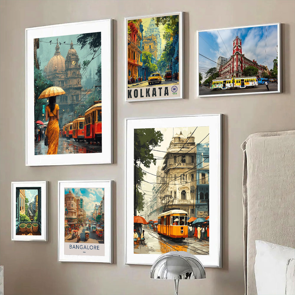 Home Decor Kolkata - อินเดียซิตี้สเคป โคลัตตา ภาพทิวทัศน์ถนนรถราง โปสเตอร์ ภาพพิมพ์บนผ้าใบ ภาพวาดติดผนัง