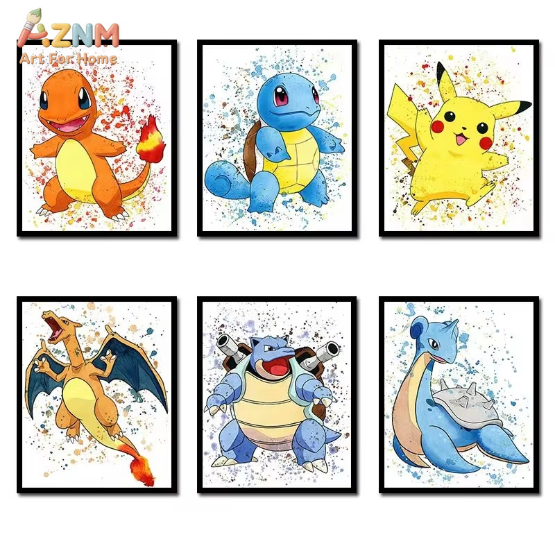 Geometric Wall Art - 1 ชิ้น，อะนิเมะโปเกมอนภาพวาดผ้าใบบูลบาซอร์ สควิร์เทิลโปสเตอร์และภาพพิมพ์สีน้ำศิลปะบนผนังภาพตกแต่งบ้านของขวัญสำหรับเด็ก