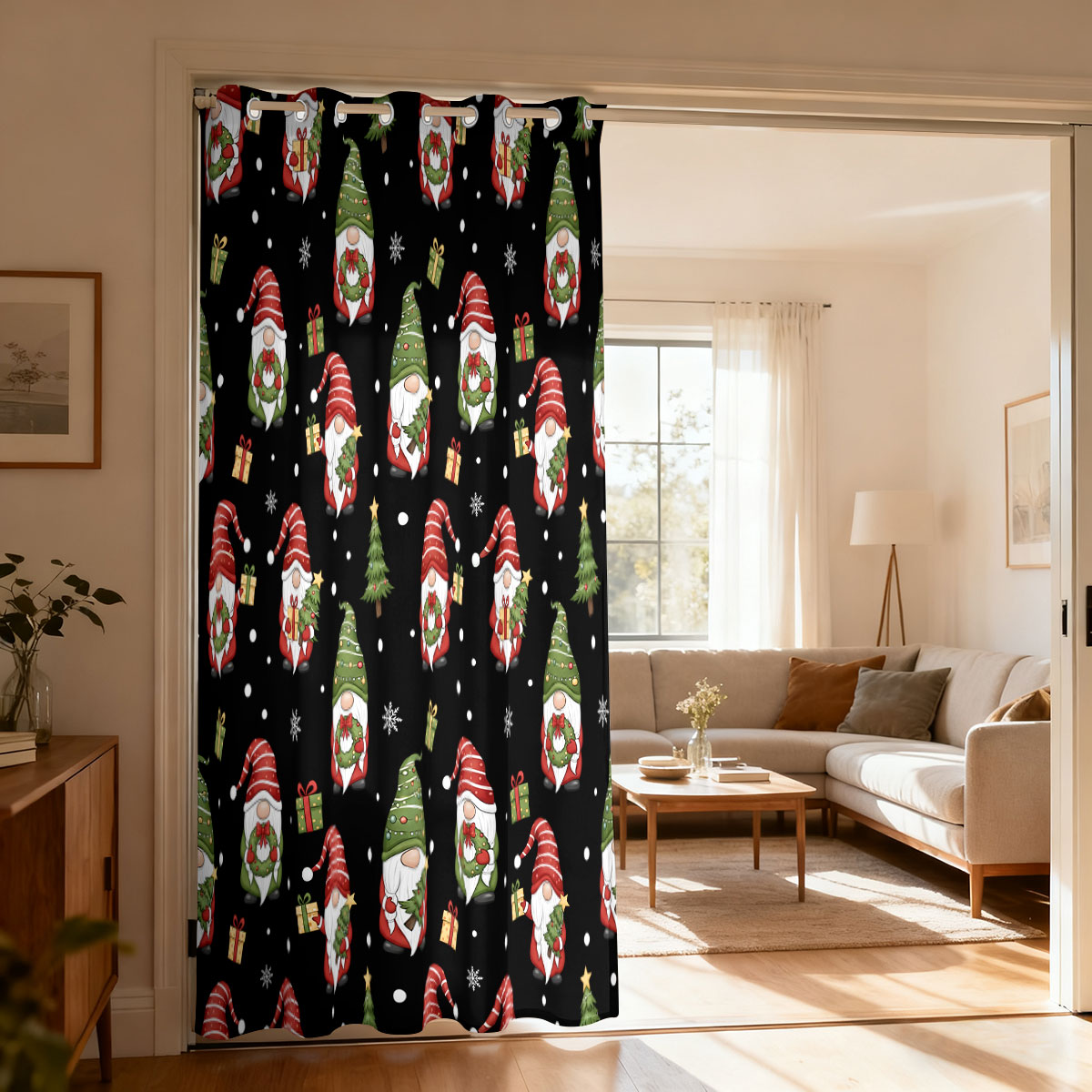 Home Decor Curtains - ผ้าม่านลายคริสต์มาสคนแคระต้นคริสต์มาสและของขวัญ ผ้าม่านแบบห่วงเดี่ยว ผ้าม่านแขวนประตู ผ้าม่านตกแต่งห้องนั่งเล่น ห้องนอน ของตกแต่งบ้านทันสมัย