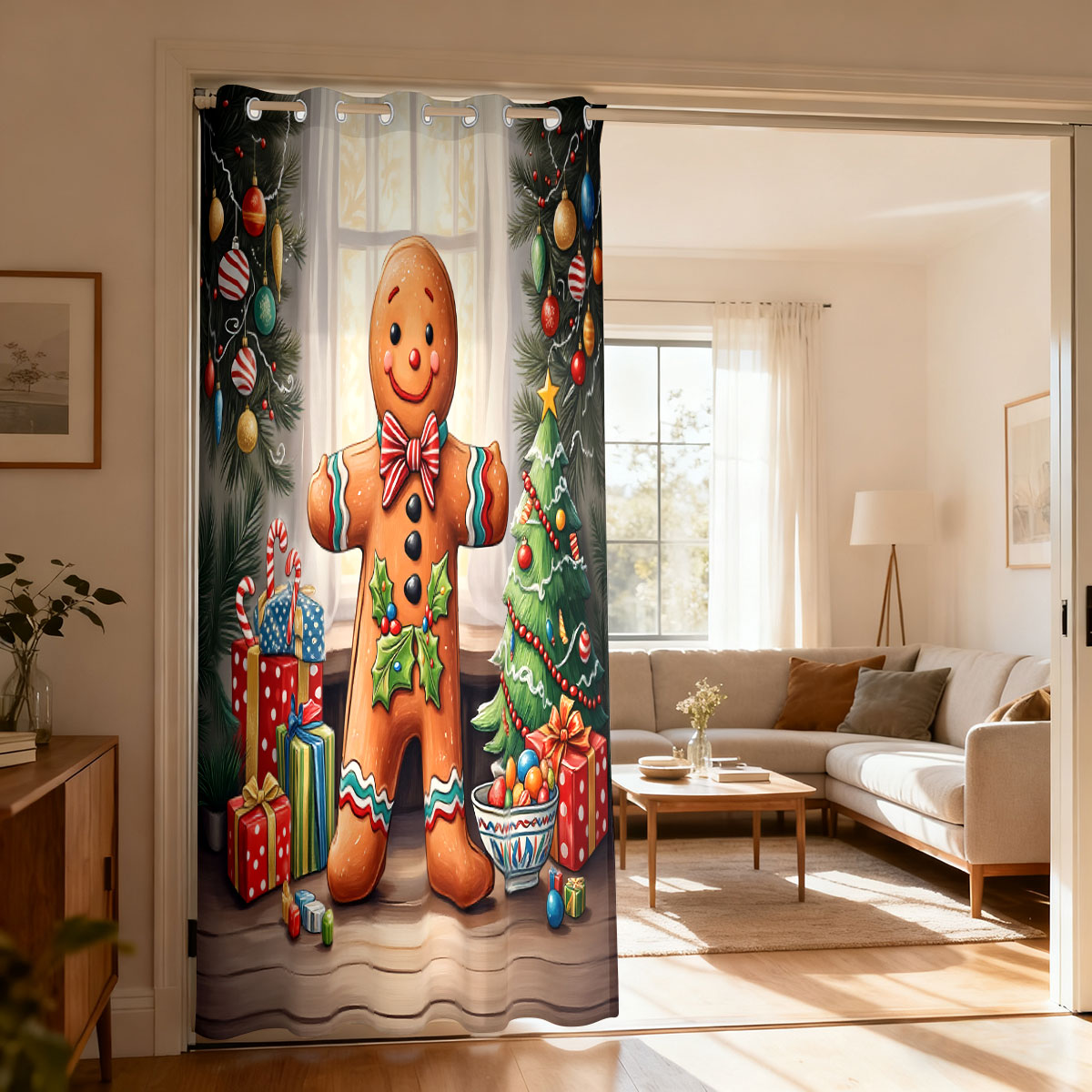 ม่านลายคริสต์มาสรูปคนขนมปังขิง - Home Decor Curtains บทวิจารณ์และราคา