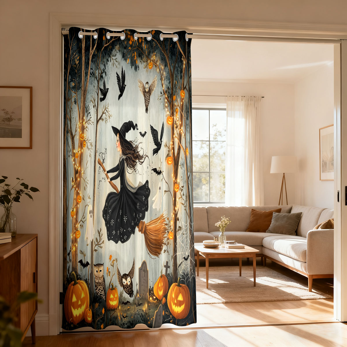 ผ้าม่านลายป่าผีฟักทองแม่มดฮาโล - Home Decor Curtains บทวิจารณ์และราคา